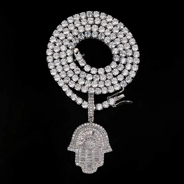 Moissanite Halo Hamsa Hand Pendant 14K Gold