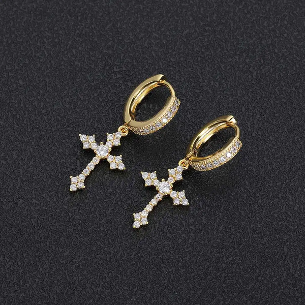 32MM Moissanite Cross Hoop Earrings 14K Gold
